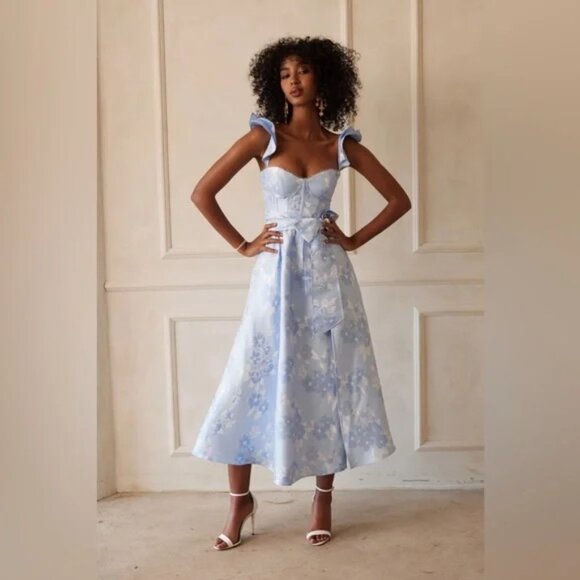 V Chapman Vera Chambray Blue Baroque Floral Corset Midi Dress 00 NWT - Picture 1 of 11